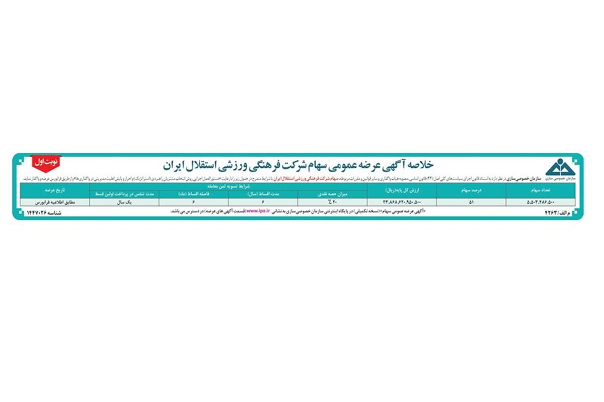 آگهی واگذاری بلوک ۵۱ درصدی "استقلال" منتشر شد